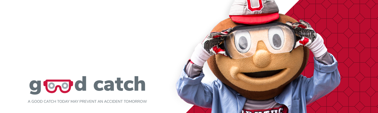 Graphic with Brutus mascot wearing safety goggles and the "Good Catch" logo